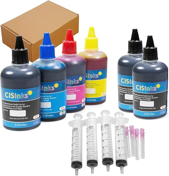 CISinks Standard Universal Black Refill Ink - 600 ml (16.9 oz) Dye-Based Ink for All Printers B, B, B, Y, M, C + Refill Tool Kits Blunt Injectors