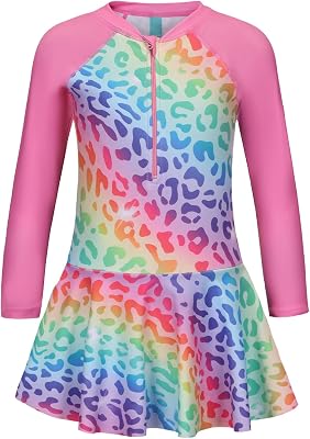 Girls One Piece Swimsuits Long Sleeeve Swim Dress for Kids Girls Hawaiian Skirted Bathing Suits Summer Swimwear 3-16 Years