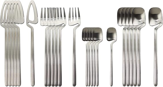 Matte Silver Silverware Set Stainless Steel Satin Finish Flatware Cutlery Set Service for 6, 24-Piece Spoons And Forks Kitchen Utensil Set, Dishwasher Safe (Matte Silver)