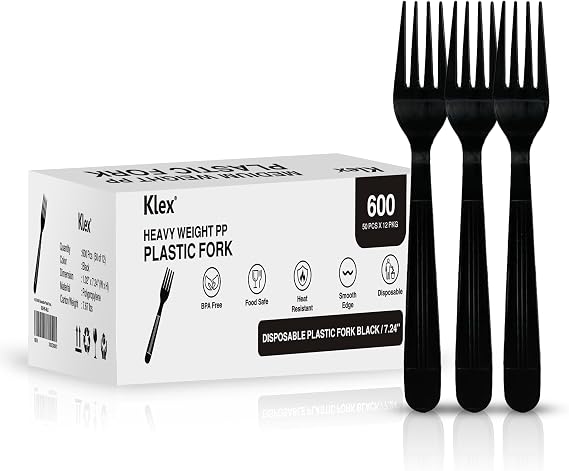 Klex 600 Disposable Plastic Forks Heavy Weight with Heat Resistant, BPA Free Durable Fork Bulk, 7.24", Black, 600 Count