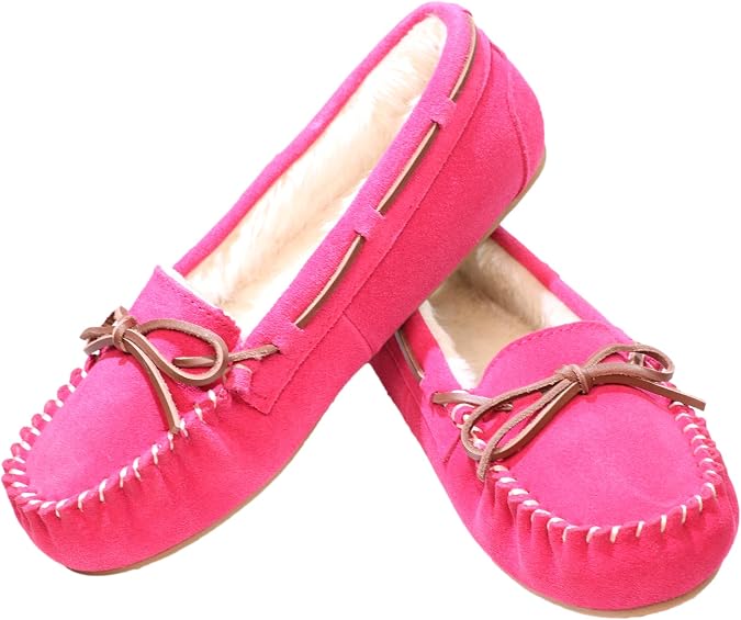 PEDOQU Womens Moccasin Genuine Leather Slippers, Indoor/Outdoor House Shoes