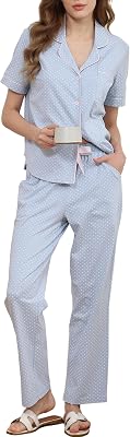 Womens 100 Cotton Pajama Sets 2 Piece Notch Collar Short Sleeve Lounge Set Soft Sleepwear, Chest Pocket