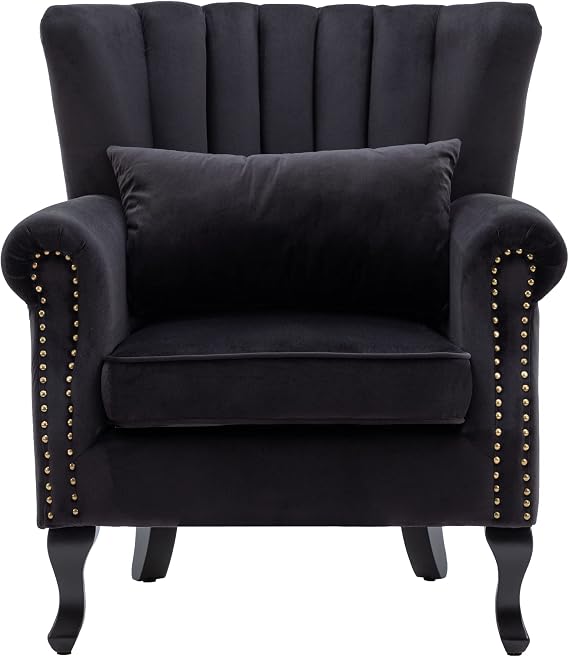 chairus Mid-Century Modern Accent Chair Comfy Single Sofa Chair Channel Back Armchair with Small Pillow for Living Roon Bedroom Club - Velvet, Black