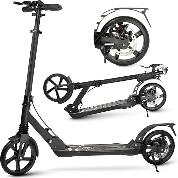 Uluck Adult Kick Scooter, 200mm Big Wheels with Disc Brakes, Adult Scooter with Carry Strap and Double Shock Absorption, Foldable Scooters for Teenagers (black)