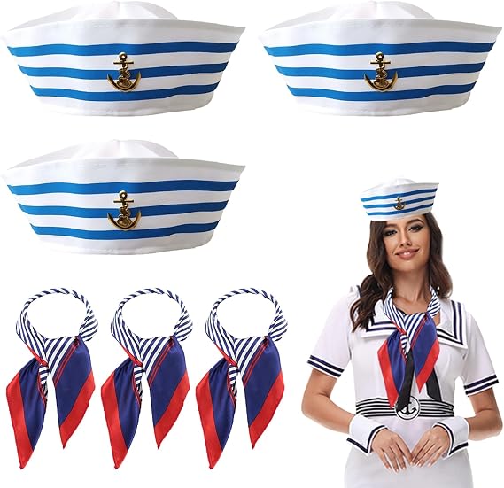 Sailor Hat and Scarf Set for Women Men -Outfit with White Sailor Cap Captain Hat Scarf - Yacht Themed Halloween Cosplay Dressing Up Accessory(3 Sets)