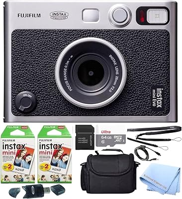 Fujifilm Mini EVO Hybrid Instant Film Camera Bundle with 40 Instant Film Sheets  64GB microSD Memory Card  Small Padded Case  SD Card Reader  Extreme Electronics Cloth