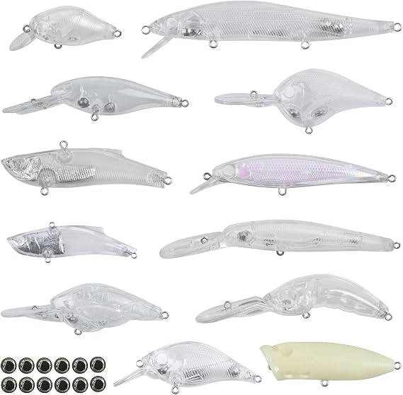 Unpainted Fishing Lures Making Kit DIY Blank Lures Crankbaits Minnow Jerkbait Hard Bait Set with Treble Hooks, Split Rings, Lure Eyes, Lure Stickers Lure Making Supplies Make Your Own Fishing Lures