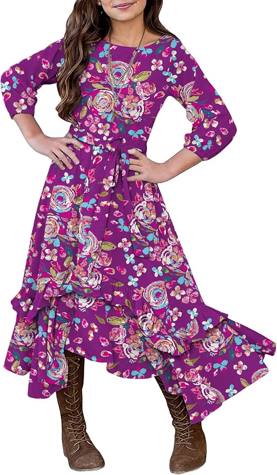 KYMIDY Girls Floral Maxi Dress Kids 3/4 Sleeve Boho Casual Pocket Ruffle Swing Dresses with Belt for Girls 6-12 Years