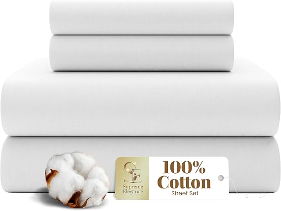 SUPREME ELEGANCE 100% Cotton Queen Sheet Set, 15" Deep Pocket, Arctic White