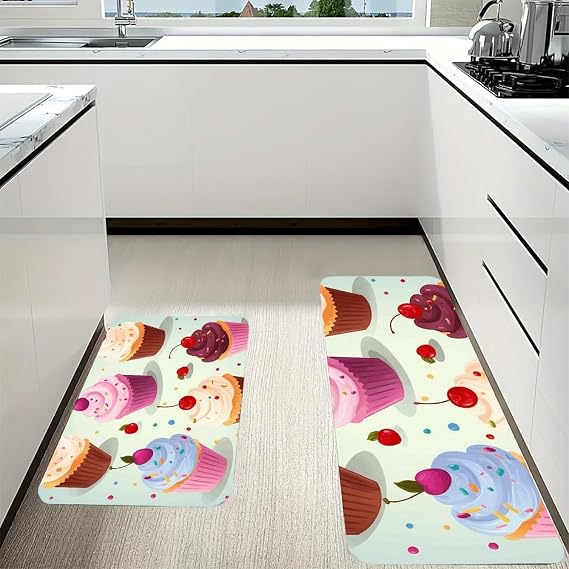 Delicious Cupcakes Kitchen Mats Set of 2 Cushioned Anti-Fatigue Non-Slip Kitchen Runner Rugs Comfort Foam Standing Mat Absorbent Floor Rug for Office Sink Home Laundry