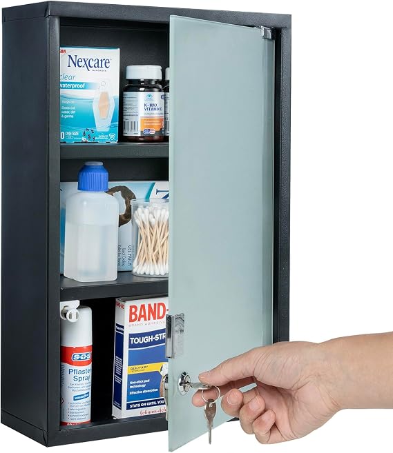 MyGift Black Bathroom Medicine Cabinet, Wall Mounted Metal Storage Cabinet with 3 Shelves, Locking Glass Door Keys