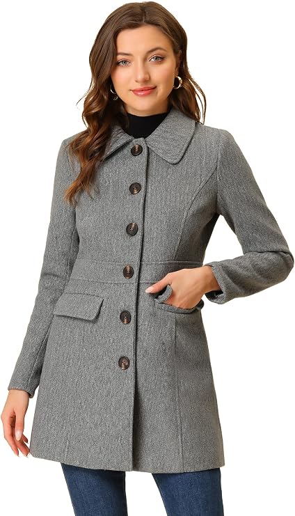 Allegra K Women Winter Peter Pan Collar Button Front Overcoat