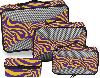 4 Pcs set cube storage organizer Mesh Travel Essentials Purple and Yellow Wave Lines lightweight luggage packing cubes