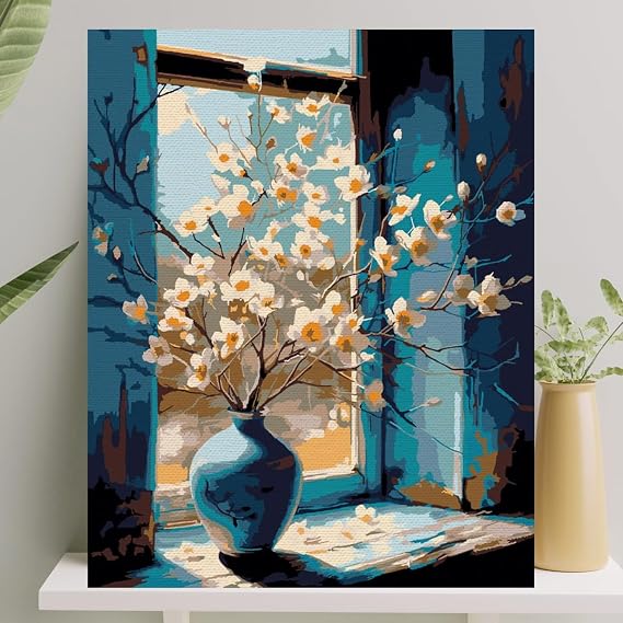 Sayılarla Boyama Tuval Seti Fırça Boya Dahil Çıtaya Gerili 40x50 CM - Camdaki Vazo
