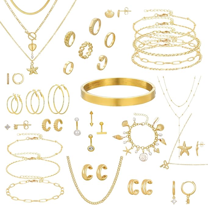 Gold Jewelry Set for Women,18K Gold Plated Jewelry Set with 9 Necklace, 9 Bracelet, 25 Ear Cuffs Earring, 5 Ankle Bracelets ,2 Rings and 3 Belly Button rings for Women Valentine Anniversary Birthday Gifts
