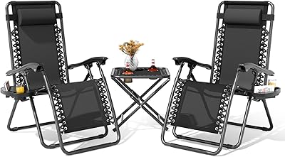 Magshion Folding Zero Gravity Chairs Set of 2, Outdoor Reclining Camping Chairs, Patio Lounge Recliners with Side Table & Cup Holder Tray, Black