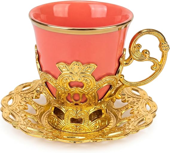 Noviko 3 oz Turkish Tea Cup Set of 6 with Gold Plated Handles & Saucers