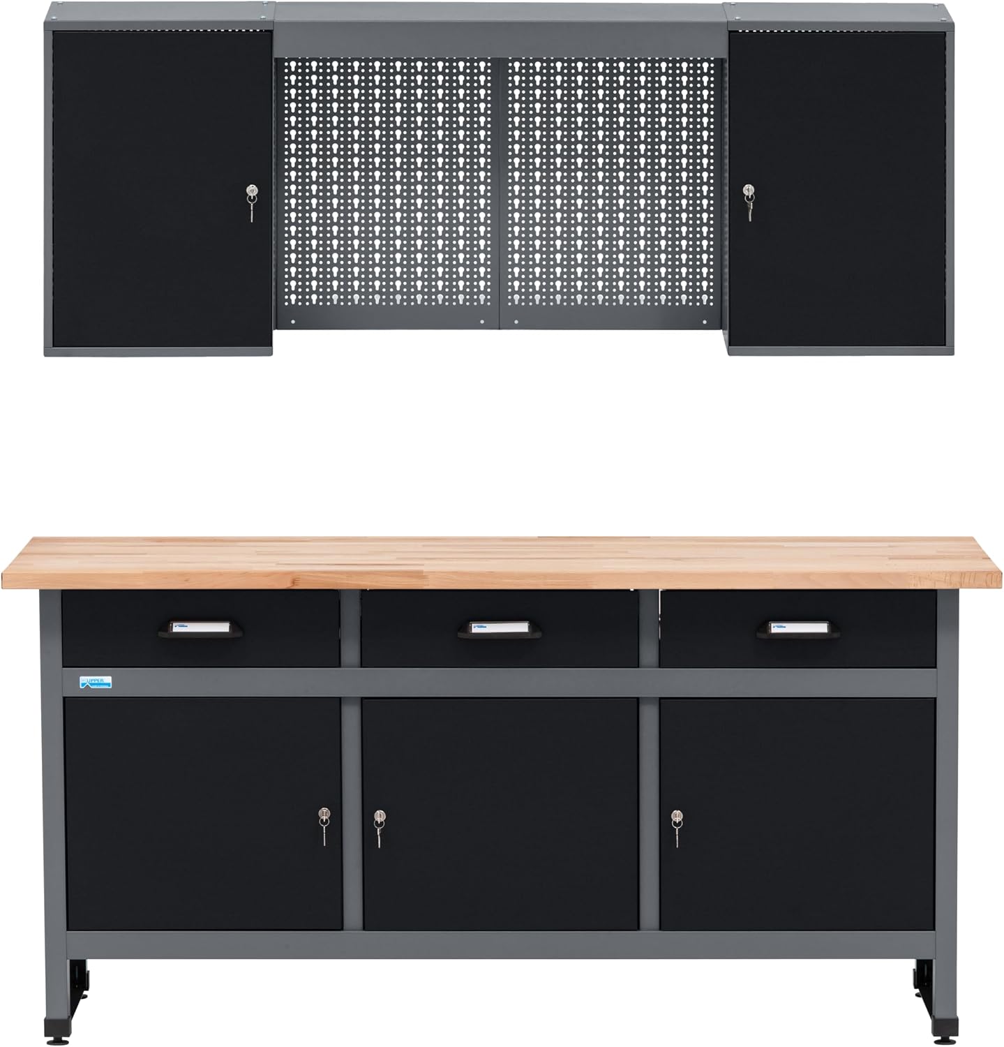 Küpper Workshop Set 70421-9 Workshop Equipment Workbench 170 cm with Solid Beech Plate Wall Cupboard (Black)