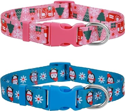 Christmas Dog Collar, 2 Pack Winter Collar for Medium Dogs, Cute Penguin and Christmas Bus Dog Collars for Boy Girl Dogs Christmas