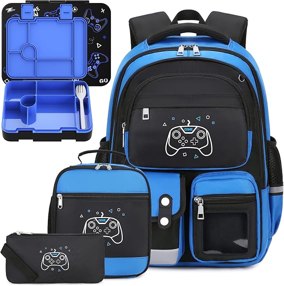 DIGOBAY 5pcs Boys Backpack Bento Lunch Box Set, Kids Backpacks for School with Lunch Bag Pencil Case, Game Backpack Set for Boys, Bookbag for Elementary Middle High School