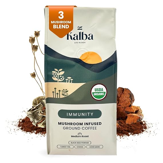 Kalba Organic Mushroom Coffee Ground + Black Seed Powder 10oz 19 servings | Medium Roast Arabica + Adaptogenic Mushrooms Lions Mane, Chaga, Turkey Tail with Nigella Seed Powder Focus Energy & Immunity