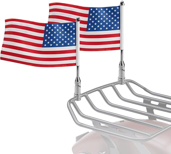 2PCS Motorcycle US Flag with Pole Mount - Fold Down 90, 6.5" x 11" Flag Pole Holder Bracket fit for Harley, Honda, Suzuki, Kawasaki, Goldwing, Yamaha Compatible with 1/2" Motorcycle Round Luggage Rack
