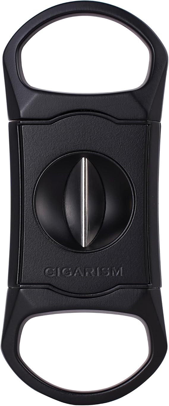 V-Cut Cigar Cutter Stainless Steel Blade, Up to 60+ Ring Gauge in Leather Gift Case (Black)