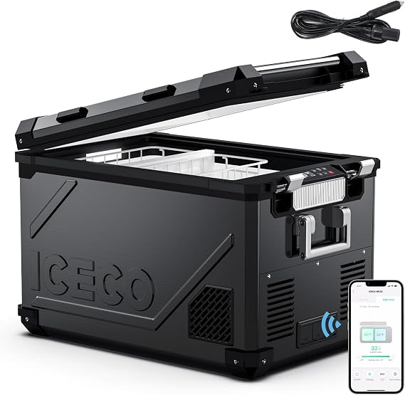 ICECO APL55 Dual Zone Portable Refrigerator, 58 Qt 12v Fridge Freezer with SECOP Compressor, Car Refrigerator with APP Control,4F~68F, DC/AC, for Camping, RV, Car, with Extension Cable