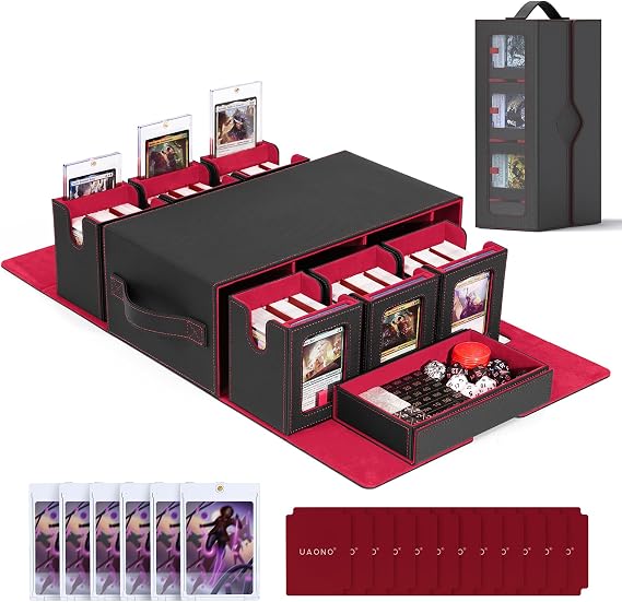 UAONO Commander Deck Box for MTG, 6-Deck Modular Card Case with Dice Tray Holds 600 Double-sleeved Cards, Removable Trading Cards Storage Box with 35PT Magnetic Card Holders for TCG, Black Red