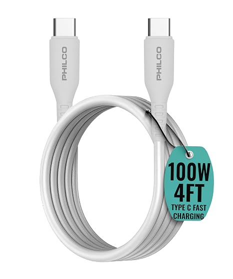 Philco USB C to USB C Cable, 100W Type C Fast Charging, Soft-Touch Silicone Cord, Durable, Tangle-Free Power Cable for MacBook, iPhone 16, iPad, Samsung, Android & More 4FT