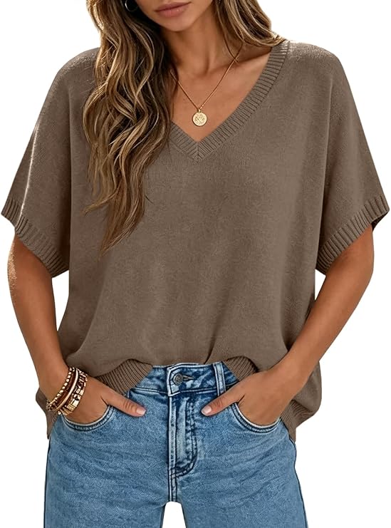 UNCLECAT Women's Oversized Sweaters Batwing Short Sleeve Knit Pullover Tops