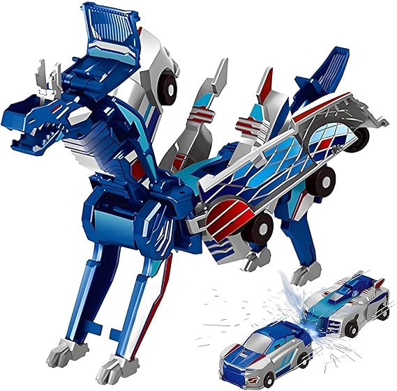 Aimery Transforming Dinosaur Car Toy, Magnetic Collision Robot Toy with 2 Cars, Dino Transformation Toy for Kids Ages 3+, Boys Toys, Birthday Party Gifts (Blue)