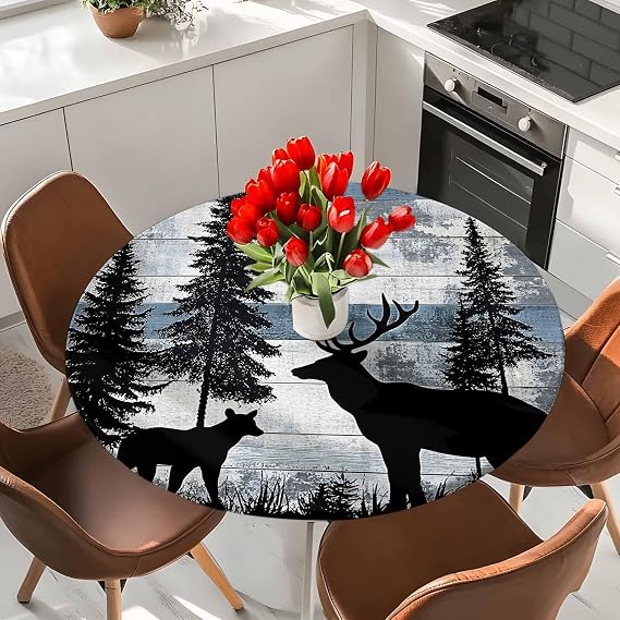 Round Fitted Tablecloth Elk Tree Jungle Black Silhouette Washable Waterproof Oil-Proof Elastic Table Covers for Picnic Camping Indoor Dining Table Protector Farm Retro Wood Board Fits 55-60" Tables