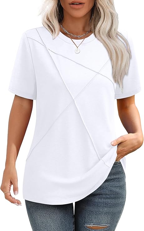 XIEERDUO Womens Summer Tops 2026 Pleated Round Neck Short Sleeve Shirts Business Casual