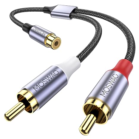 MOSWAG RCA Y Splitter Cable 1 Female to 2 Male Audio Adapter Nylon Braided Hi-Fi Splitter for Subwoofer Home Theater HDTV Amplifier Gaming Console