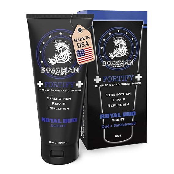 Bossman Fortify Intense Beard Conditioner for Men (Royal Oud Scent) Moisturizes, Replenishes & Protects with Natural Ingredients Thicker Formula, Made in USA