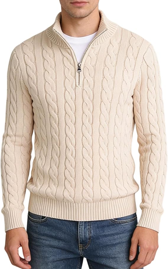 Men's Simple Ribbed Zipper Long Sleeve Quarter-Zip Knit Pullover Sweater Casual Versatile Polo Sweatshirt