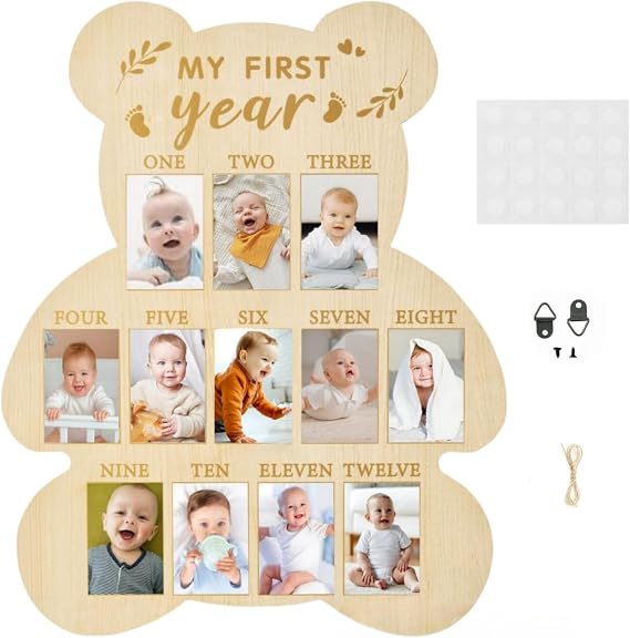 12 Monthly Picture Frame,One Year Birthday Wooden Photo Board, My First Year Milestone Photo Board Baby First year Wood Sign (Bear)