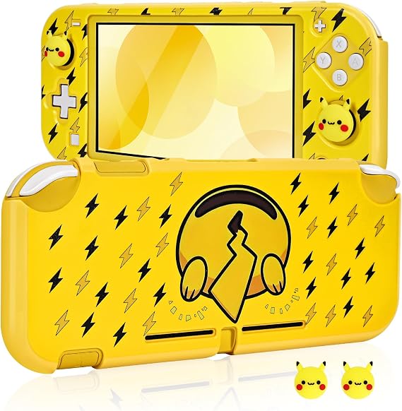 DLseego Flash Pika Switch Lite Protective Case Cool Hard PC Shell Shockproof Scratch Resistant Cover Joy Con Japanese Amine Skin with 2PCS Lovely Cartoon Thumb Grips Caps for Switch 2019 - Yellow 1