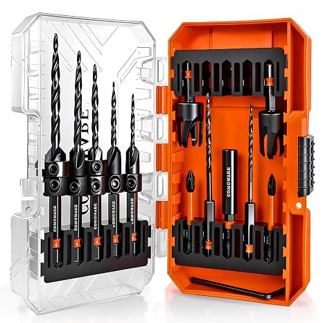 COMOWARE Countersink Drill Bit Set, 15 PCS M2 HSS Tapered Drill Bits with 2 Wood Plug Cutters, Counter-Sink Drill Bit with 1/4" Hex Shank 82 Countersink Drill Bit with Storage Case for Woodworking