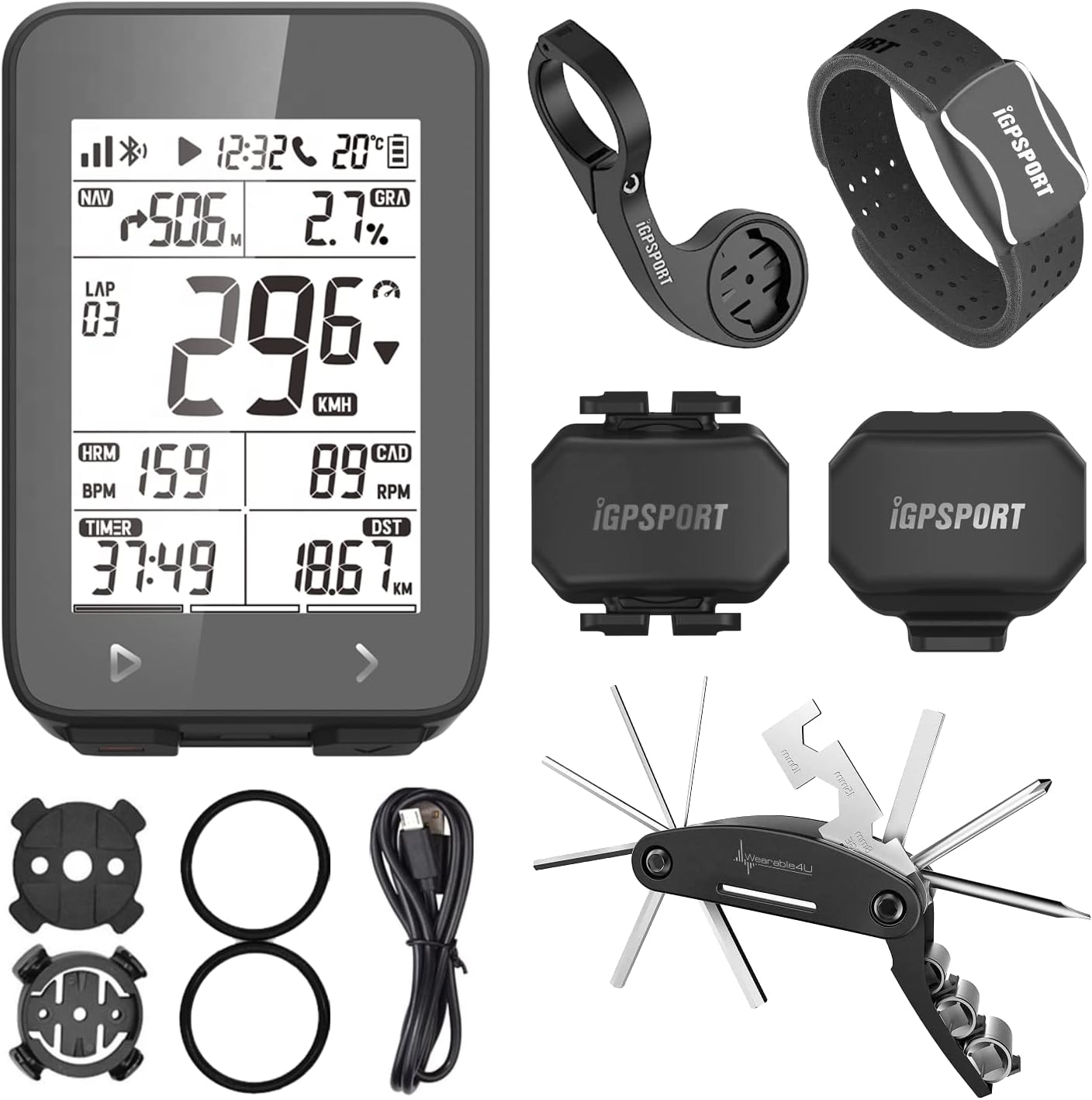 iGPSPORT iGS320 GPS Wireless Cycling Computer w HR60 Heart Rate, M80 Mount, SPD70 Speed and CAD70 Cadence Sensors and Wearable4U Bike Multi-Tool Bundle