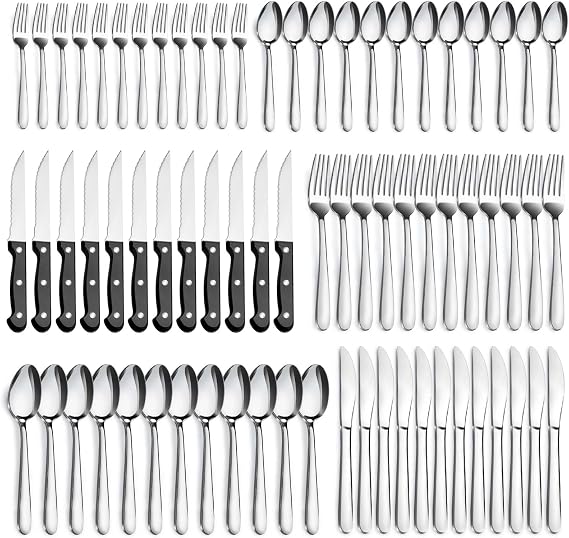 Pleafind 72-Pieces Silverware Set for 12, Flatware Set with Triple Rivet Steak Knives, Stainless Steel Cutlery Set, Include Forks Spoons and Knives Set, Utensil Sets for Home Restaurant