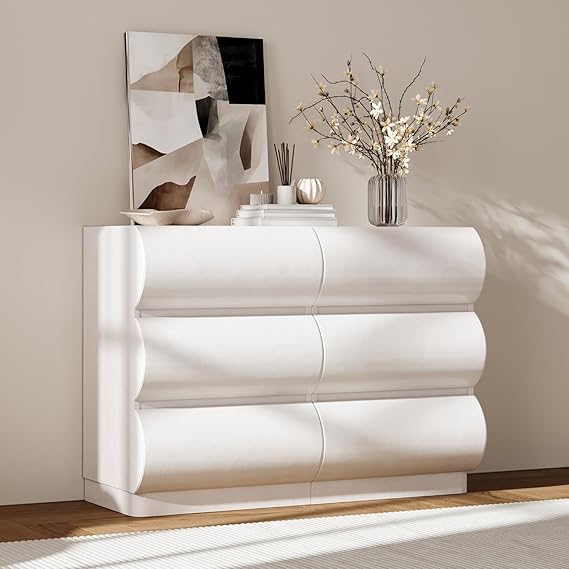 homary Modern 6 Drawers Dresser, 39.4" Wide Faux Leather Chest of Drawers with Modern Design, Storage Dressers Organizer for Bedroom Living Room Hallway, White