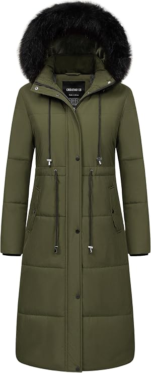 CREATMO US Women's Long Winter Coat Warm Waterproof Puffer Jacket Snow Quilted Bubble Parka with Hood