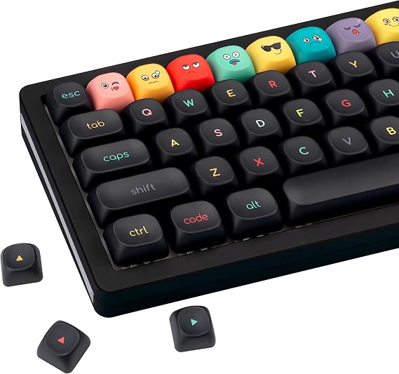 PBT Rainbow Emoji Keycaps, Cute Anime Theme Black Keyboard Keycaps