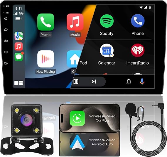9" IPS Full Touch 4Core 2+32G Double Din Car Radio Audio Video Stereo Receivers with Wireless CarPlay Android Auto Backup Camera BT Split Screen WiFi SWC PIP DSP GPS Navigation