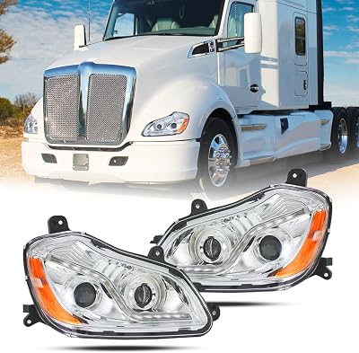 Pair Headlights Assembly for Kenworth T680 2013-2021 LED Projector Headlamps Replacement Left Driver and Right Passenger Chrome