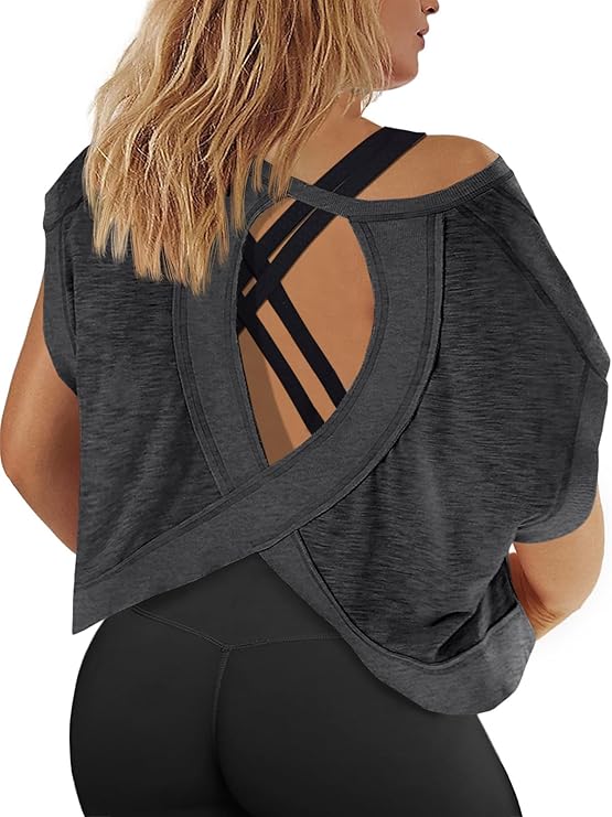 Fisoew Womens Plus Size Open Back Workout Tops Backless Short Sleeve Athletic Shirt Running Crop Top Gym Yoga T-Shirt