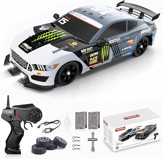 Remote Control Car RC Drift Car 1:16 Scale 4WD 18KM/H High Speed Model Vehicle 2.4GHz with LED Lights Spray Rubber Tire Racing Sport Toy for Adults Boys Girls Kids Gift 2Pcs Rechargeable Batteries
