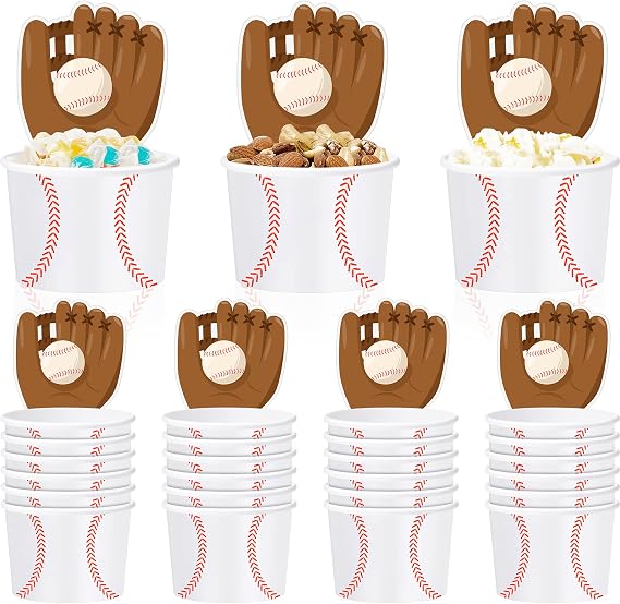 Suclain 24 Sets Baseball Paper Bowls with Baseball Cards, Ice Cream Bowls Disposable Snack Cups Soup Cups Thank You Cards Party Favors for Themed Party Decorations